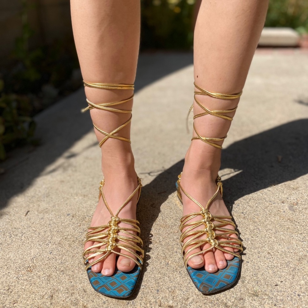 Vintage Metallic Gold Lace Tie Sandals